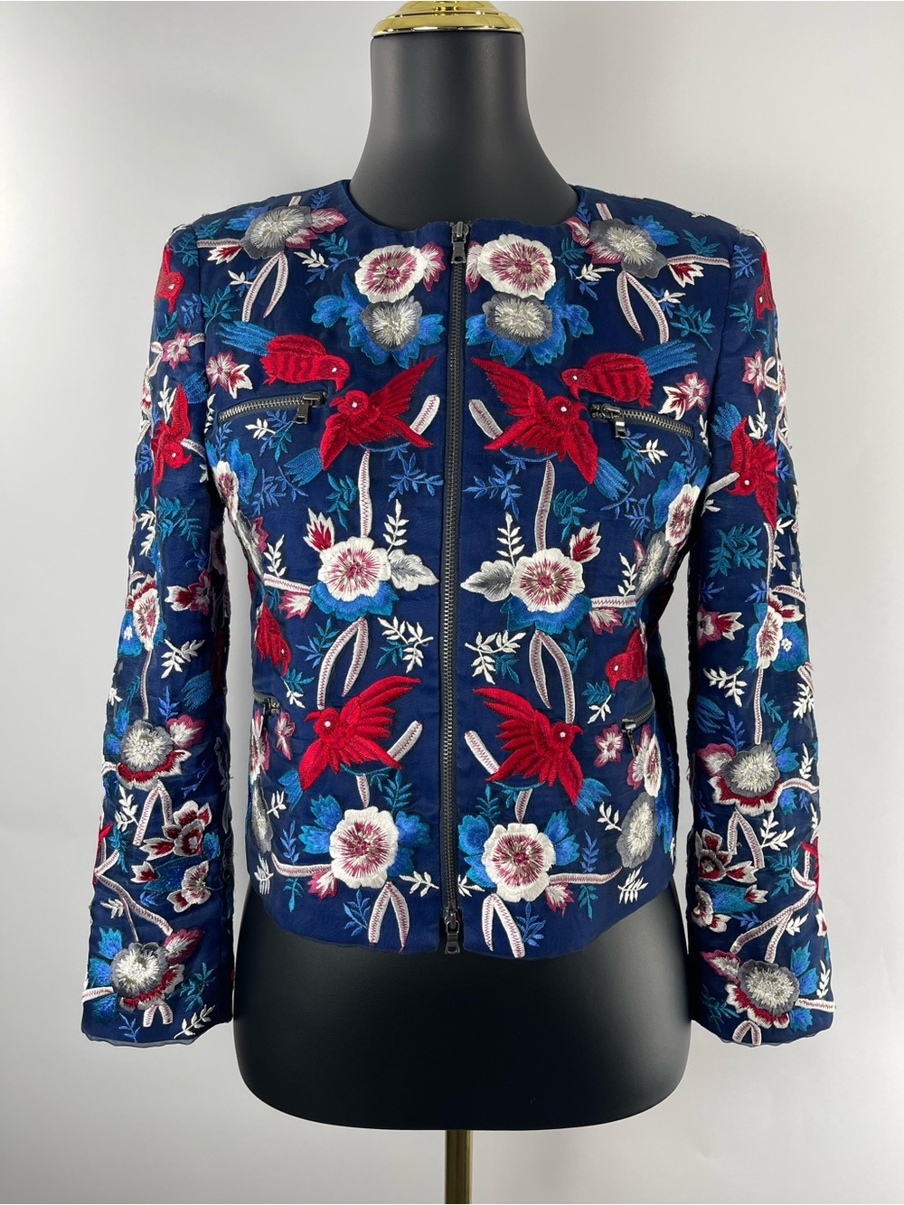 Alice + Olivia ASO Katy Perry Embroidered Silk Bird Motif Full Zip Small Jacket
